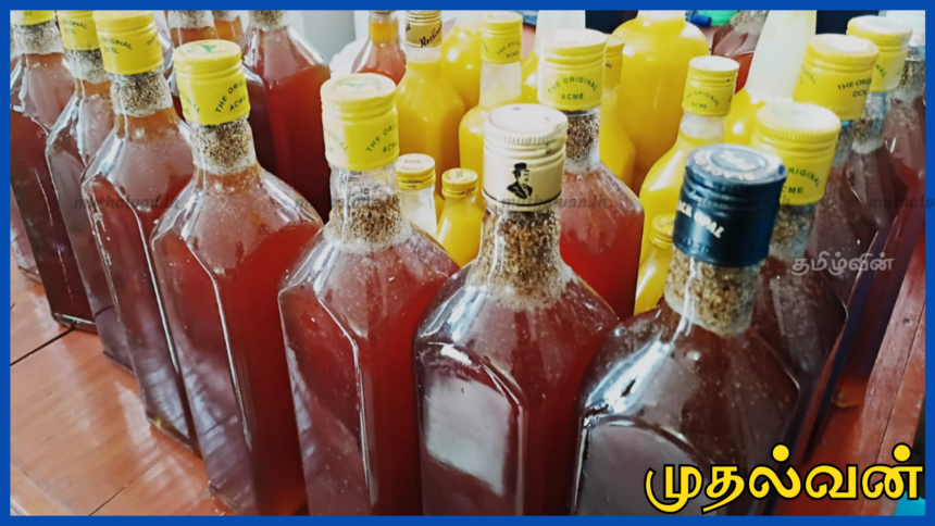 யாழ்ப்பாணம் வல்வெட்டித்துறையில் சீனிப்பாணியை ‘தூய தேன்’ என விற்றவர் கைது – கலப்பட நெய் உடன் பொருட்கள் பறிமுதல்